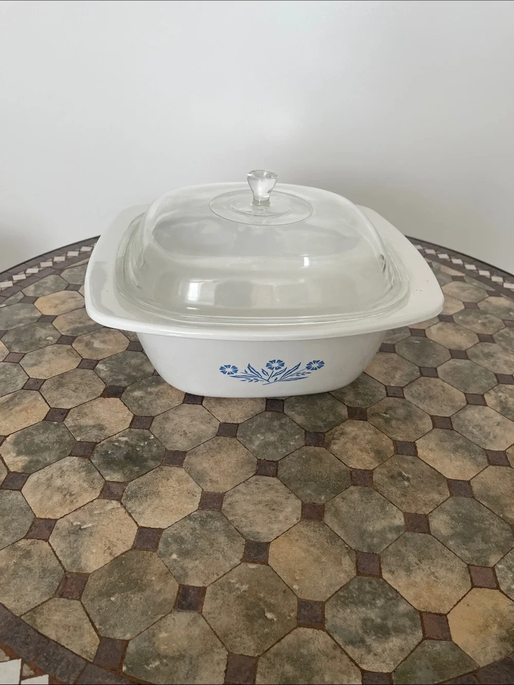 Cornflower Corningware White dutch oven3with Blue Floral Motif and Glass Lid